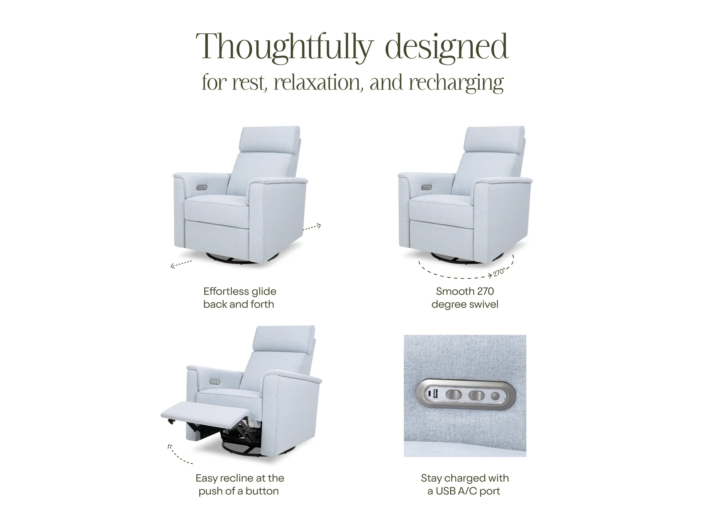 Namesake Willa Power Recliner w/ Adjustable Headrest & USB Port - Blue Chambray - Image 4